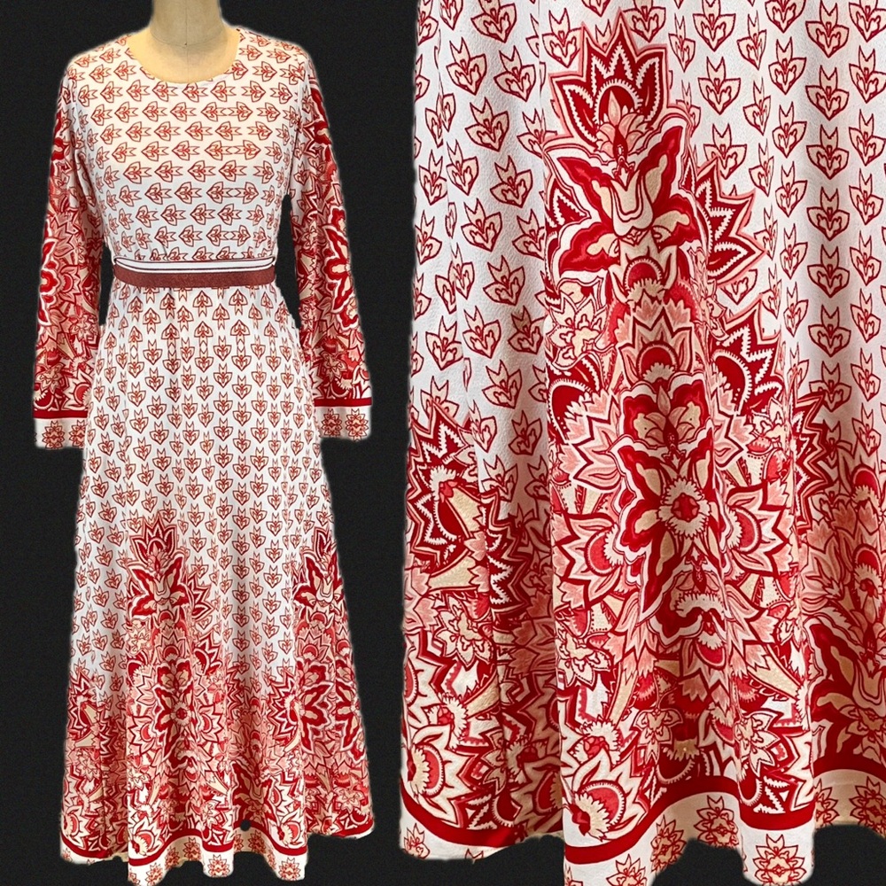 VINTAGE 60s bohemian long sleeve maxi dress red floral medallion belted waist
